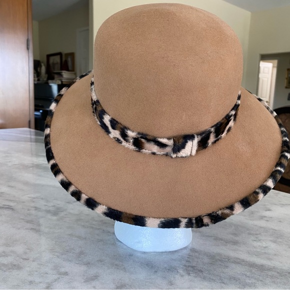 Preston & York 100% Wool Hat Camel Tan Cheetah Trim Print Women’s Hat Derby Hat - Picture 5 of 12